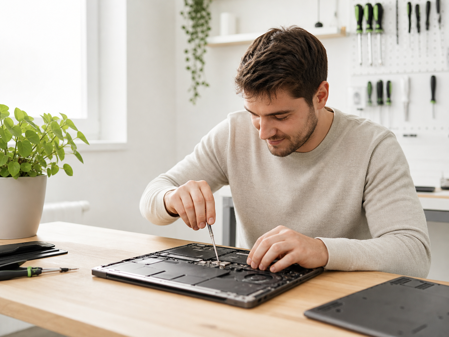 IT-specialist voert zorgvuldig onderhoud uit aan een laptop